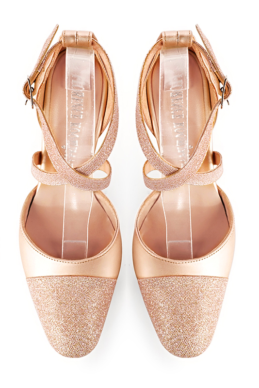 Powder pink women's open side shoes, with crossed straps. Round toe. High slim heel. Top view - Florence KOOIJMAN